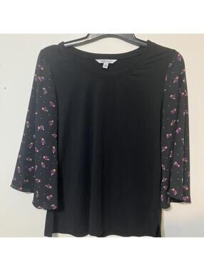 Pioneer Woman Black Floral Print Romantic Chic Bell Sleeved Top Size Medium